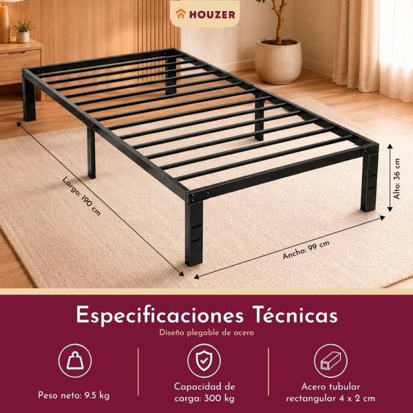 Base Cama Individual Plegable Acero Resistente 300kg Hogar Negro Houzer image number null