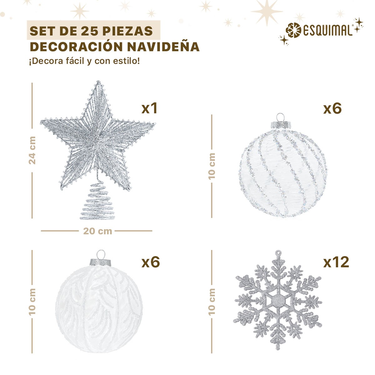 Set de Esferas y Adornos Navide&ntilde;os para &Aacute;rbol de Navidad, Decoraci&oacute;n Navide&ntilde;a (Cristal / Plateado 25 Piezas). ESQUIMAL. image number null