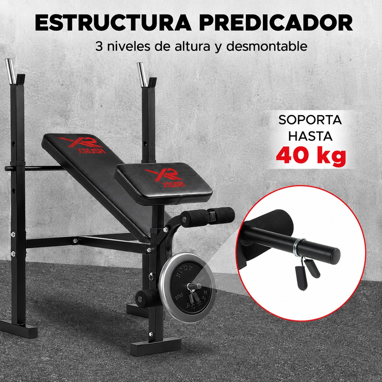 Banco Para Pesas X-Rush Negro Con Respaldo Ajustable y Soporte De Hasta 300 Kg image number null