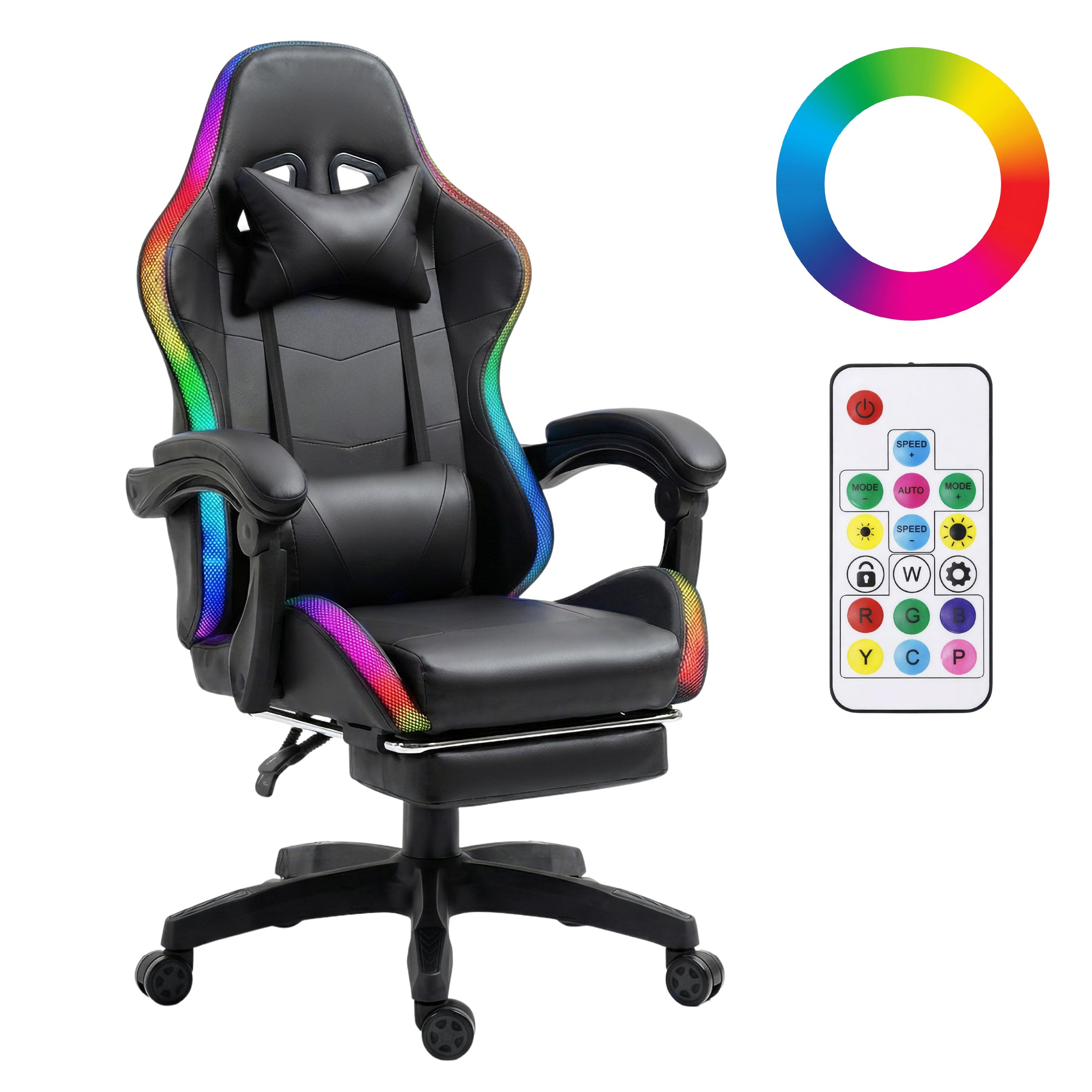 Silla Gamer Titano Negra con Reposapi&eacute;s Luz LED Reclinable 90&deg; a 150&deg; y Soporte Lumbar image number null