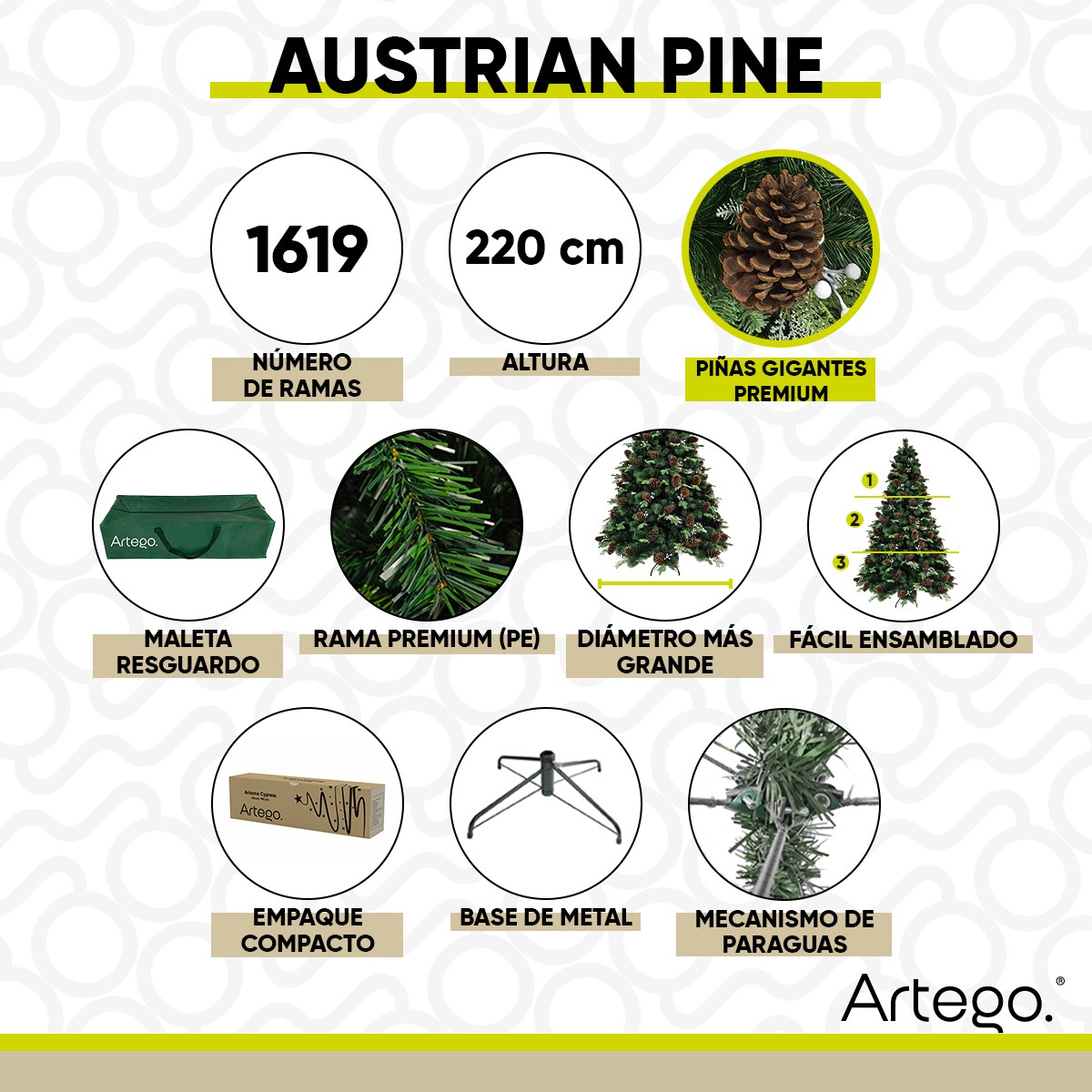 &Aacute;rbol de Navidad estilo Natural 2.20m Premium * Pi&ntilde;as Gigantes * Austrian 1600 ramas + Maleta Decoraci&oacute;n navide&ntilde;a image number null