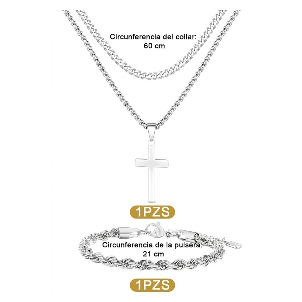 2pz Collar Con Pulseras Cruz Dijes Hombres Acero Inoxidable Plata 60cm Pulseras 21cm image number null