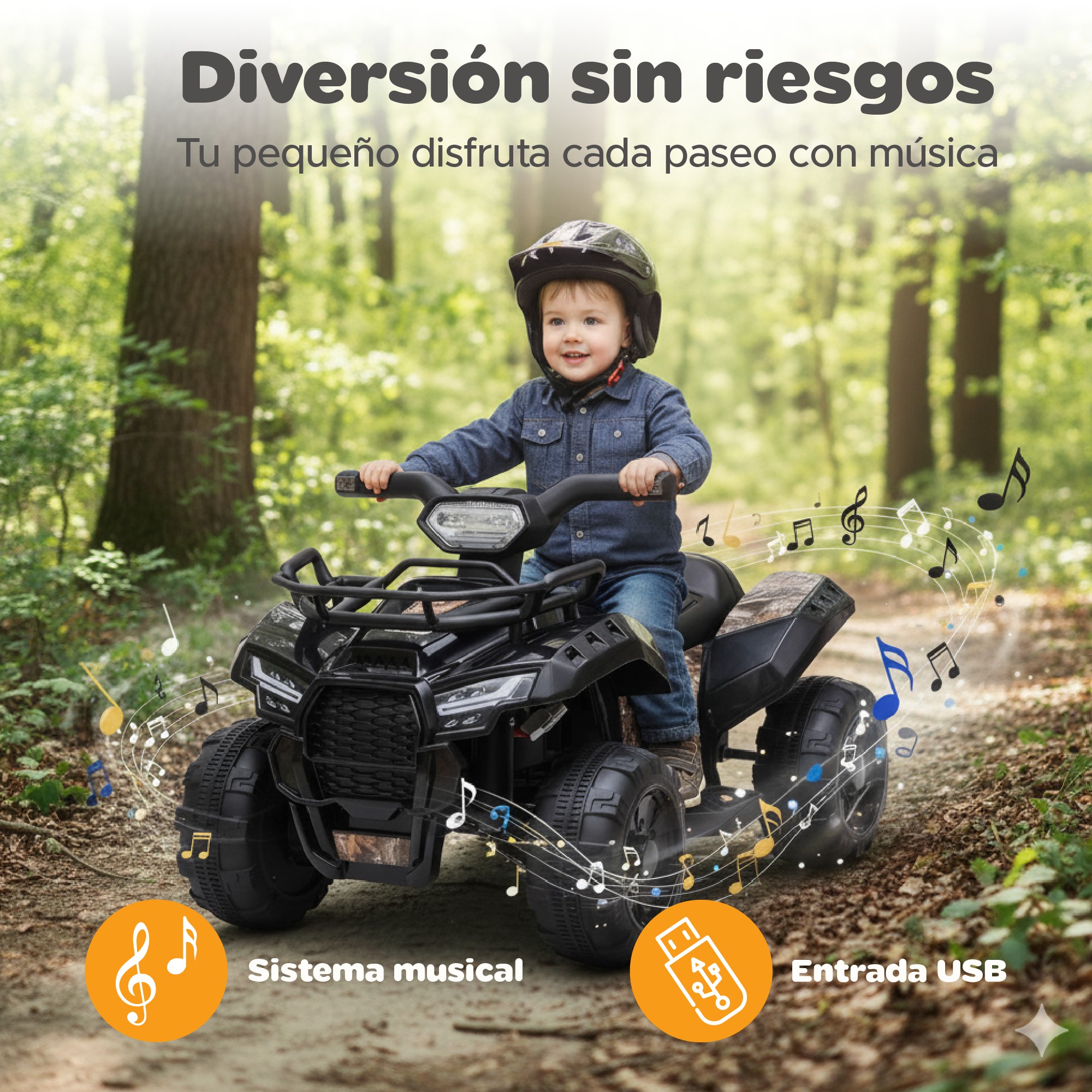 Cuatrimoto El&eacute;ctrica Montable Infantil YEI 6V, 2 km/h, Luces LED, M&uacute;sica, Ruedas Todo Terreno Negra image number null