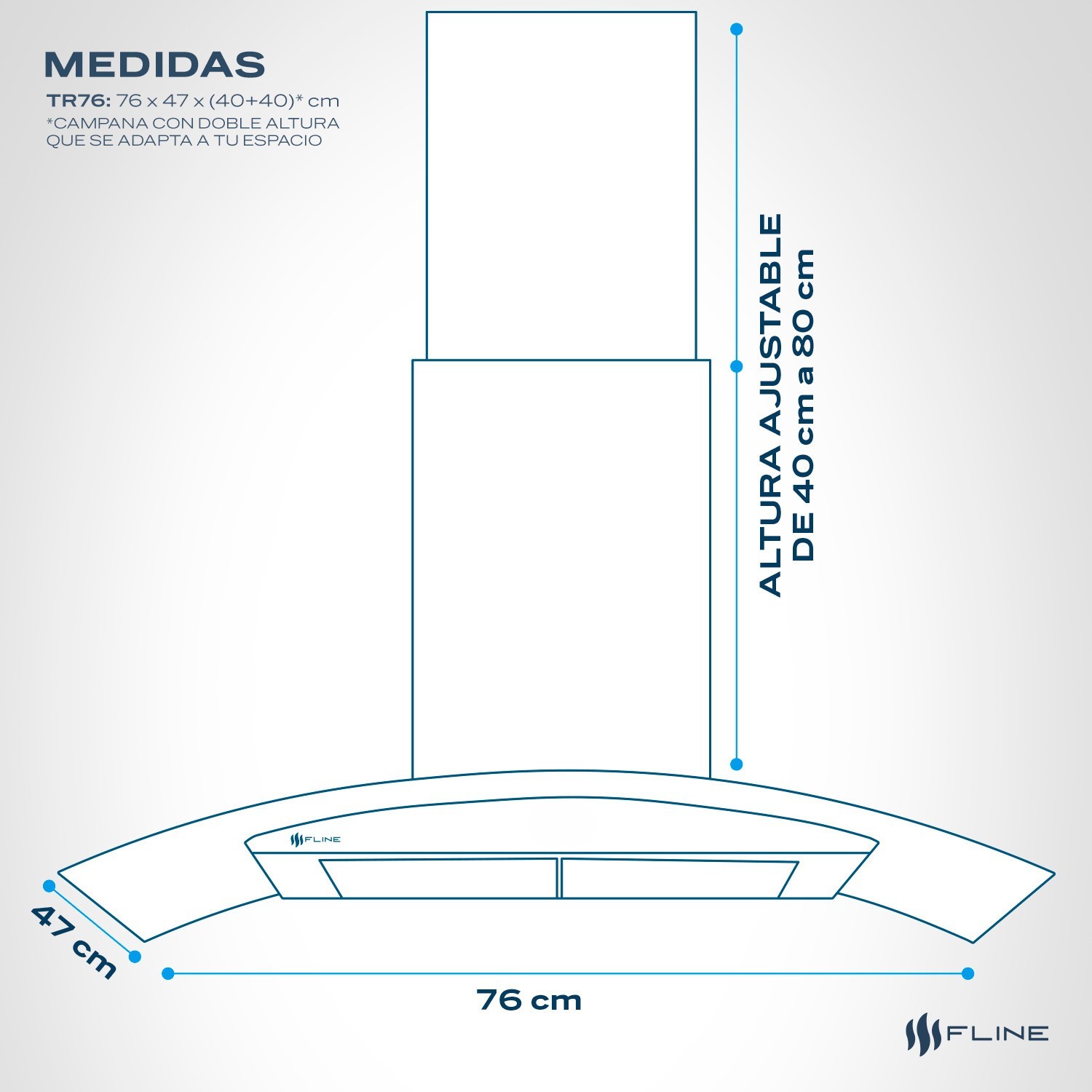 FLINE | Campana de cocina 76 cm | DE PARED | Controls Touch | extractora | cristal curvo y acero Inoxidable | 3 velocidades | Tromso 76 image number null