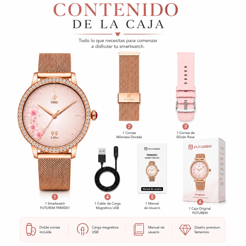 SMARTWATCH FUTUREM DW01 (DORADO) + AUDIFONOS G-TIDE OWS 8 (ROSA) image number null