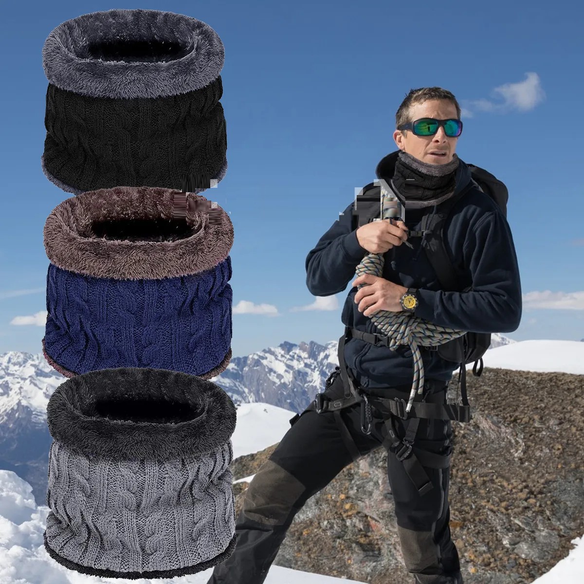 Bufanda Hombre 3 Piezas,Bufandas T&eacute;rmicas de Invierno Negro + Gris + Azul image number null