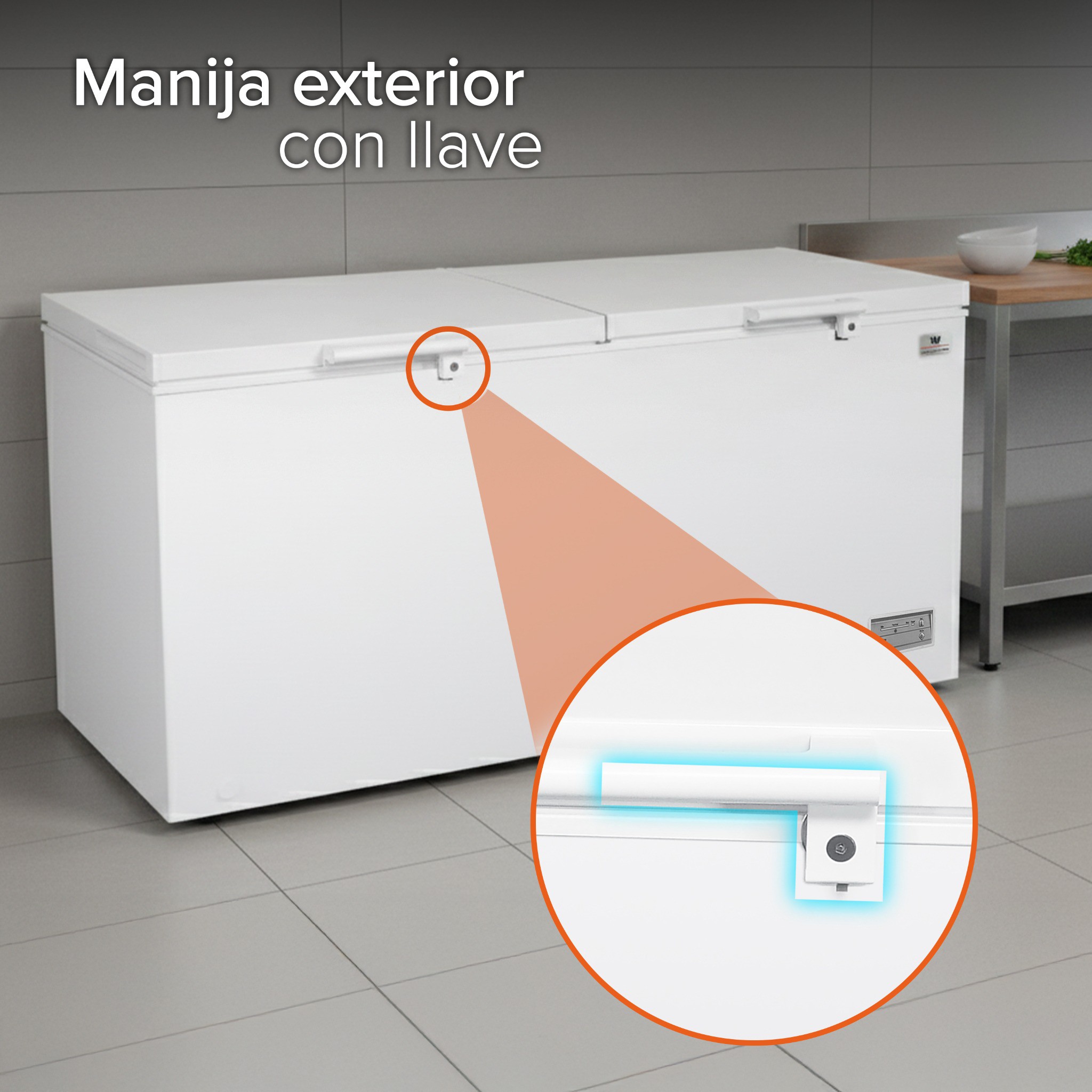 White Westinghouse Congelador 18 pies 508 L Acero blanco 2 puertas Cerradura con llave Luz interior Ruedas image number null