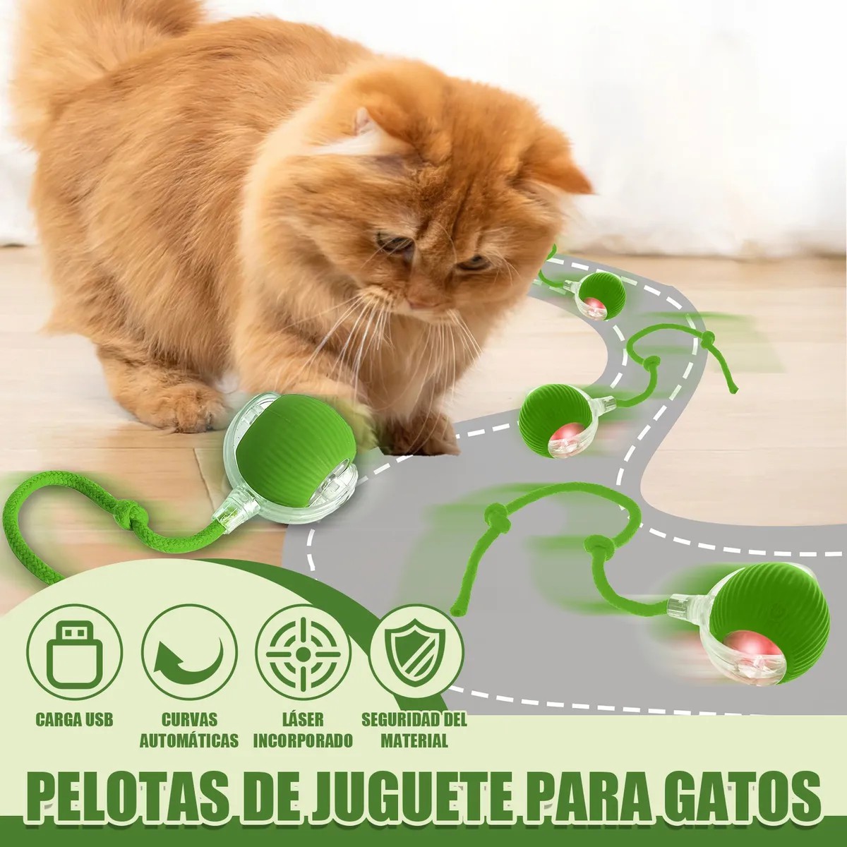 Juguetes Para Gato El&eacute;ctrico Pelota Interactiva De 360 Verde image number null