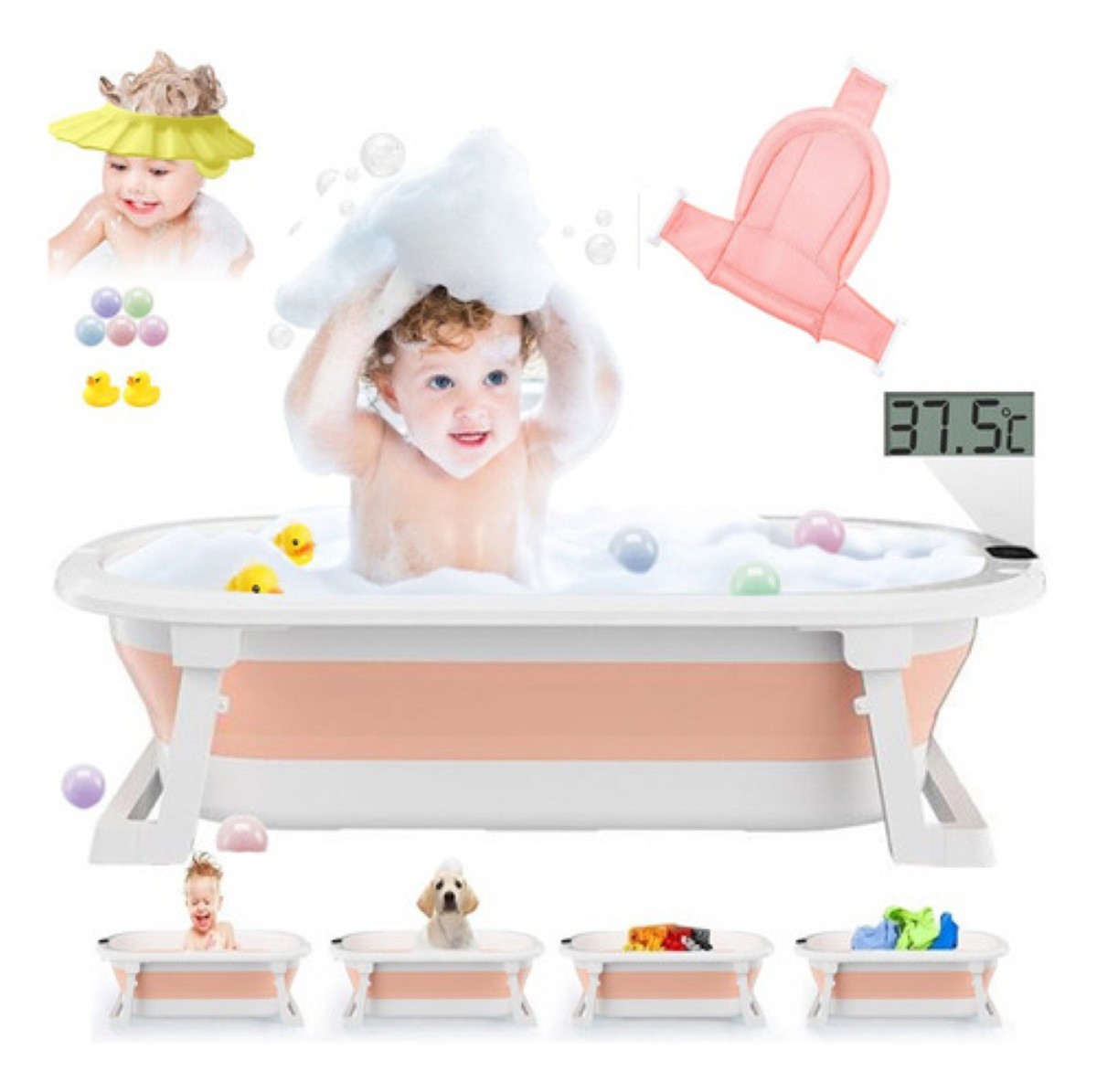 Ba&ntilde;era Tina De Ba&ntilde;o Con Cojin Y Termometro De Beb&eacute;s Plegable Rosa image number null