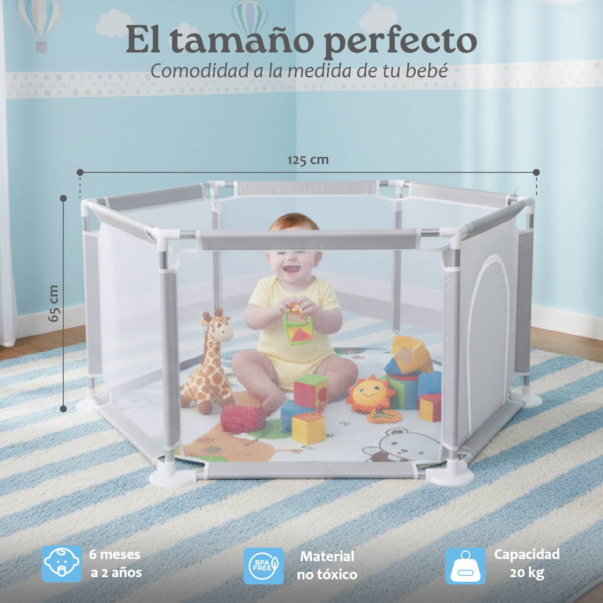 Corral para Beb&eacute; Hexagonal Yei Gris 1.25 m x 65 cm con Colchoneta, Malla Transpirable, Plegable y Malla Transpirable image number null