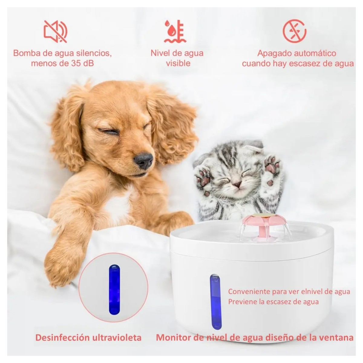Bebedero Autom&aacute;tico Para Perros y Gatos 2.6L con UV Antisalpicaduras Color Rosa image number null