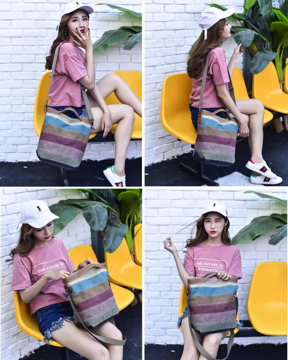 Gran Capacidad Bolso De Hombro Mujer Rainbow Canvas Marr&oacute;n image number null