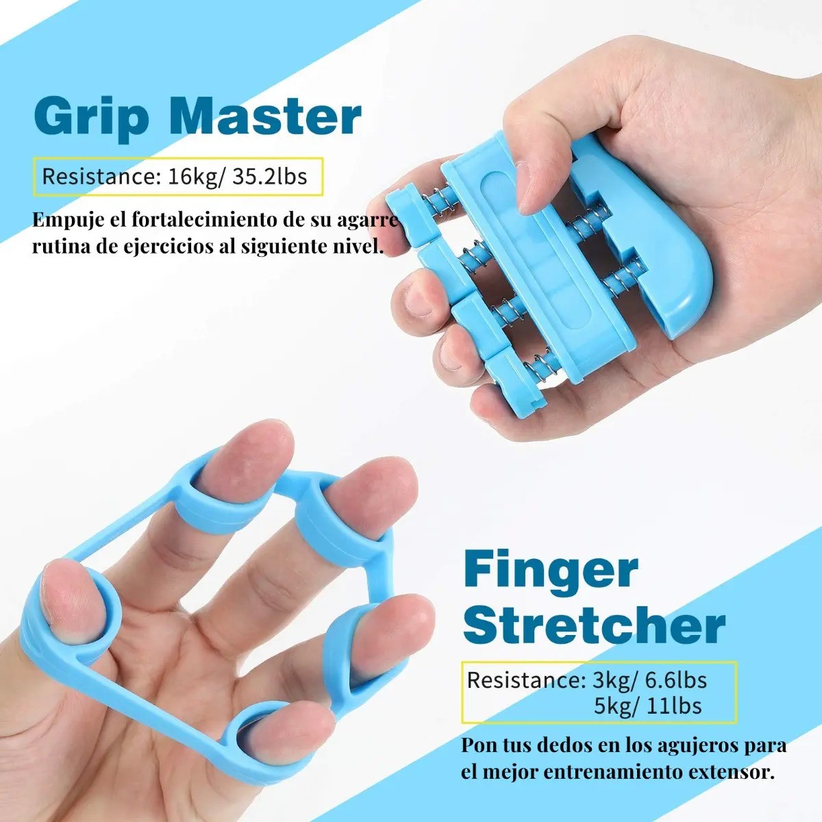 Fortalecedor Mano Agarre Ejercitador Dedos Ajustable, 5en1 AZUL CON NEGRO image number null