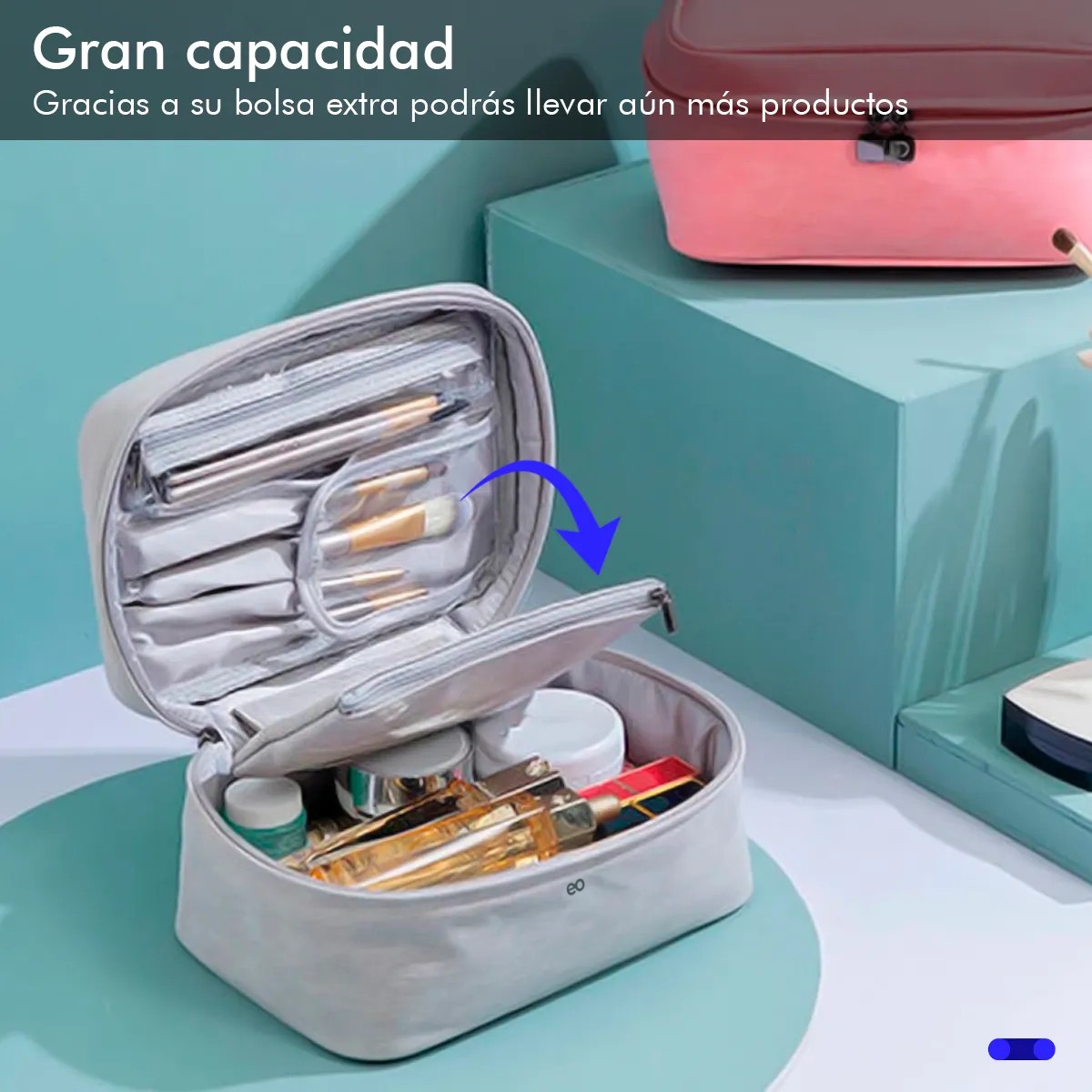 Cosmetiquera Bolsillos Brochas Bolsa Central Desprendible Color Gris image number null