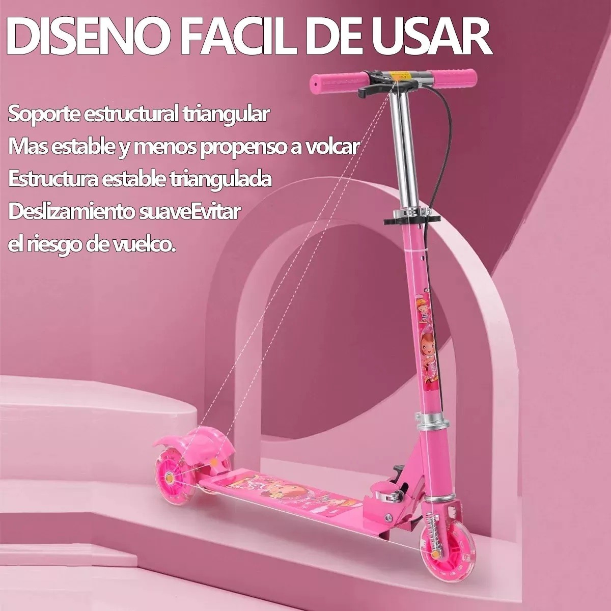 Patinete Infantil Plegable Ajustable De 3 Ruedas Con Luz Led Rosa. image number null
