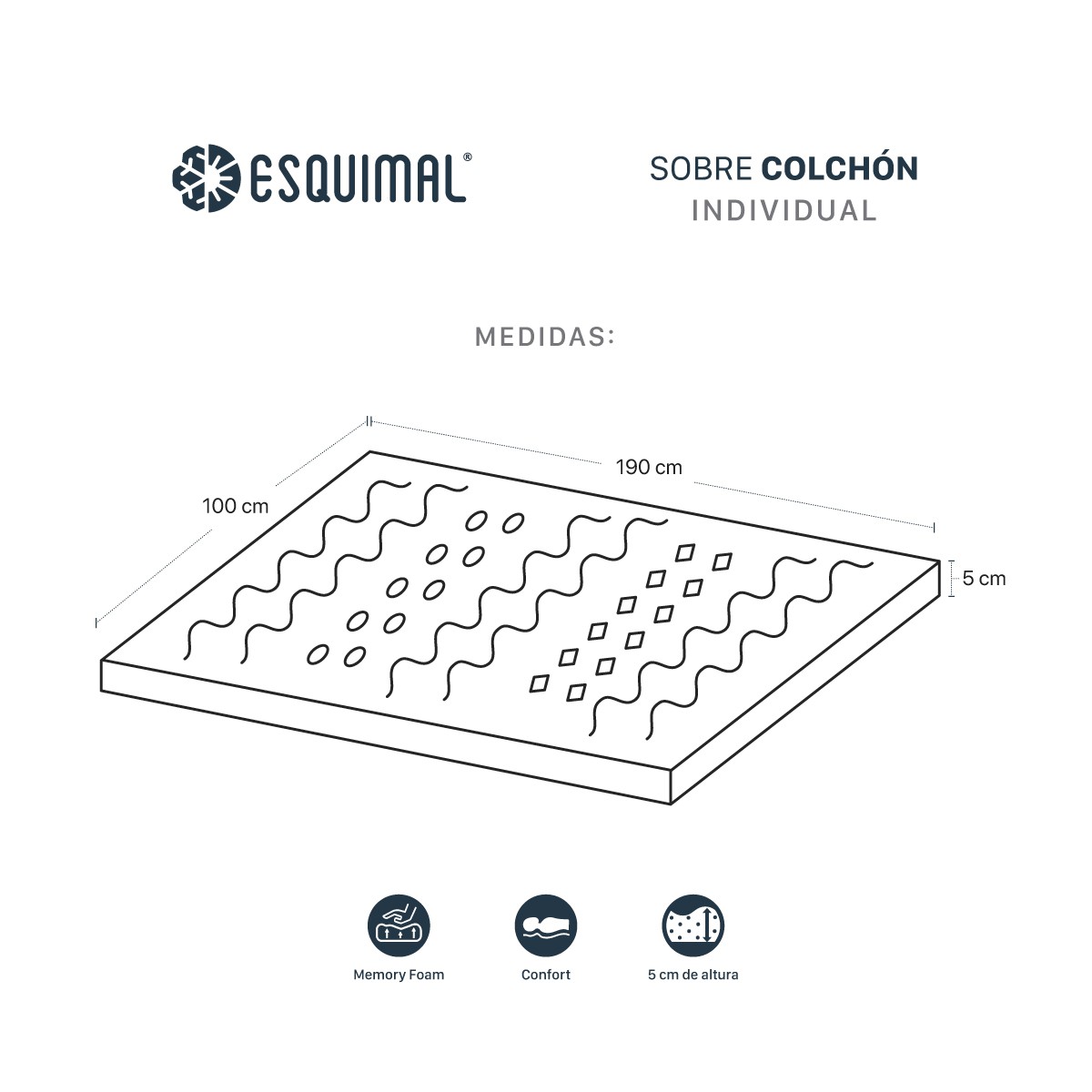 Colchoneta Individual de Memory Foam Cubre Colch&oacute;n Topper con 7 Zonas de Confort Sobrecolch&oacute;n Lavanda (5 cm). ESQUIMAL. image number null