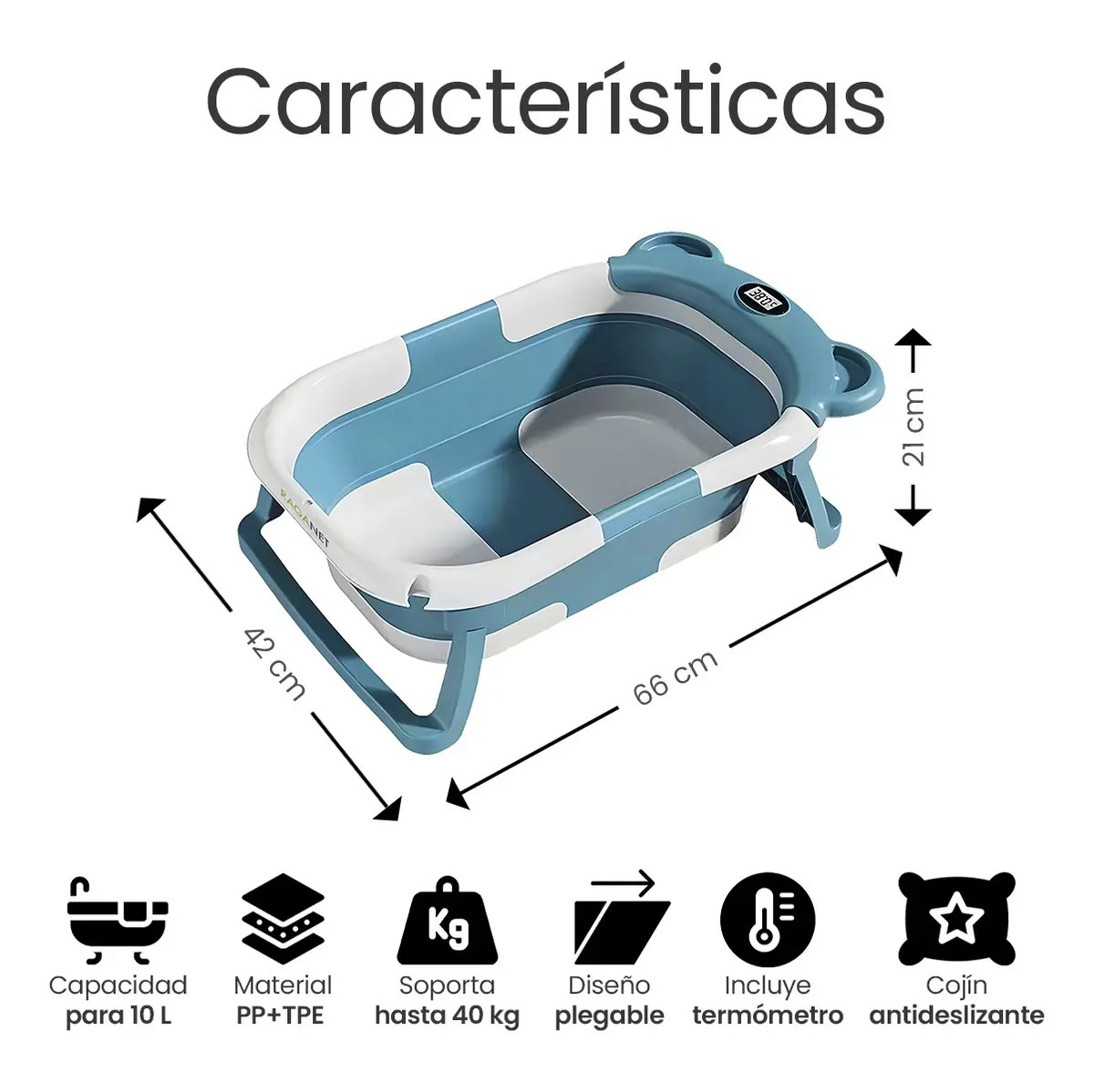 Ba&ntilde;era Bebe Plegable Port&aacute;til Con Coj&iacute;n Term&oacute;metro Azul image number null