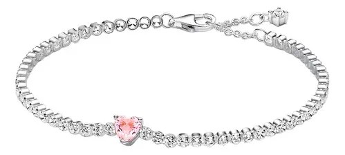 Pulsera Mujer Plata 925 Dise&ntilde;o Coraz&oacute;n Con Zirconia Rosa image number null