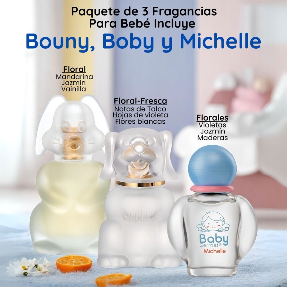 Set 3 perfumes Zermat beb&eacute; Boby Michell Bouny floral suave image number null