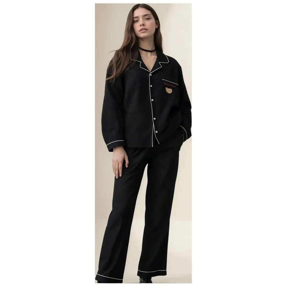 Conjunto Pijama Mujer Algod&oacute;n Con Manga Larga Y Pantal&oacute;n Negro Talla XL image number null