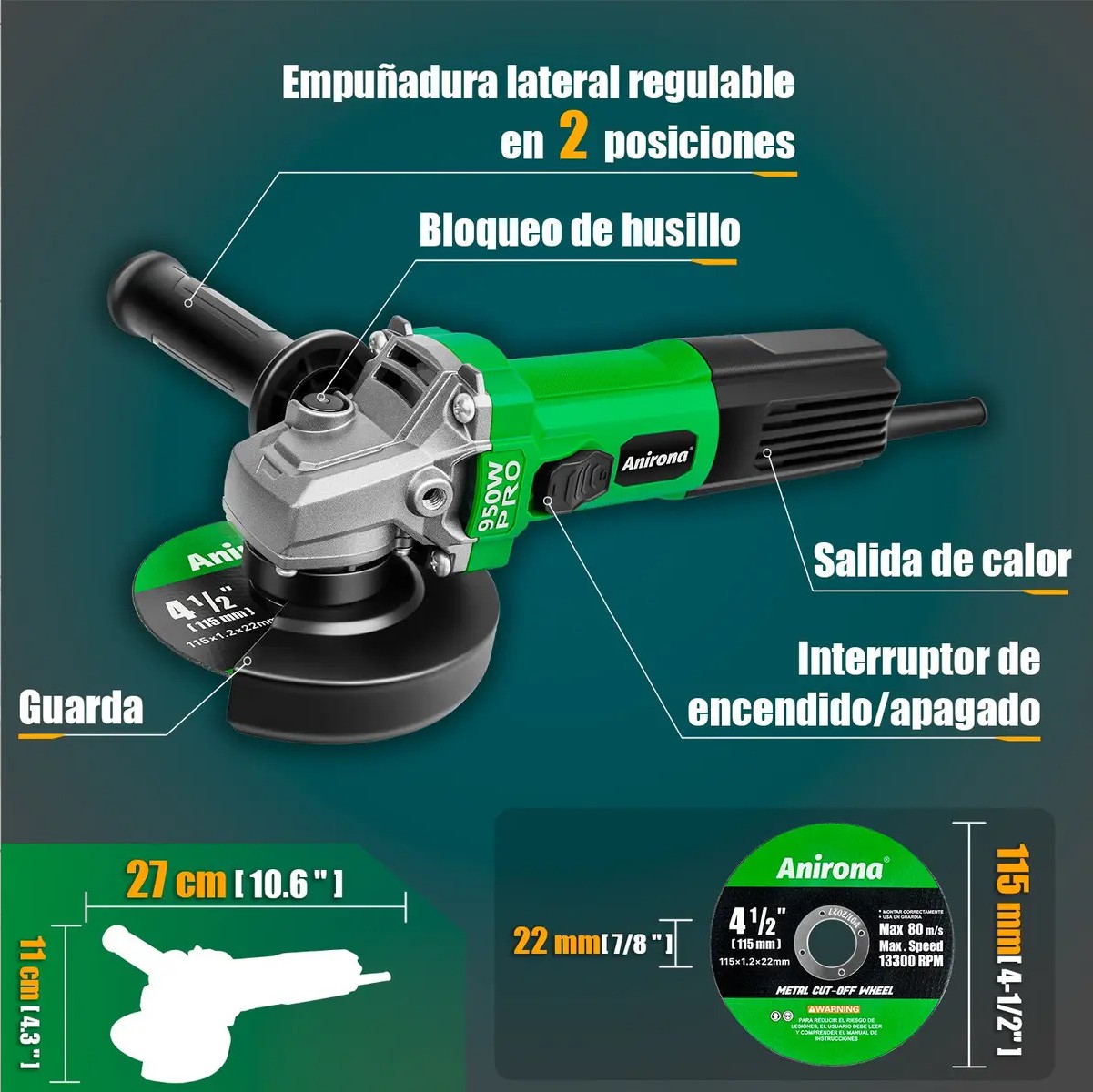 Esmeriladora Angular Inal&aacute;mbrica 4-1/2 Sin Carbones Anirona VERDE image number null