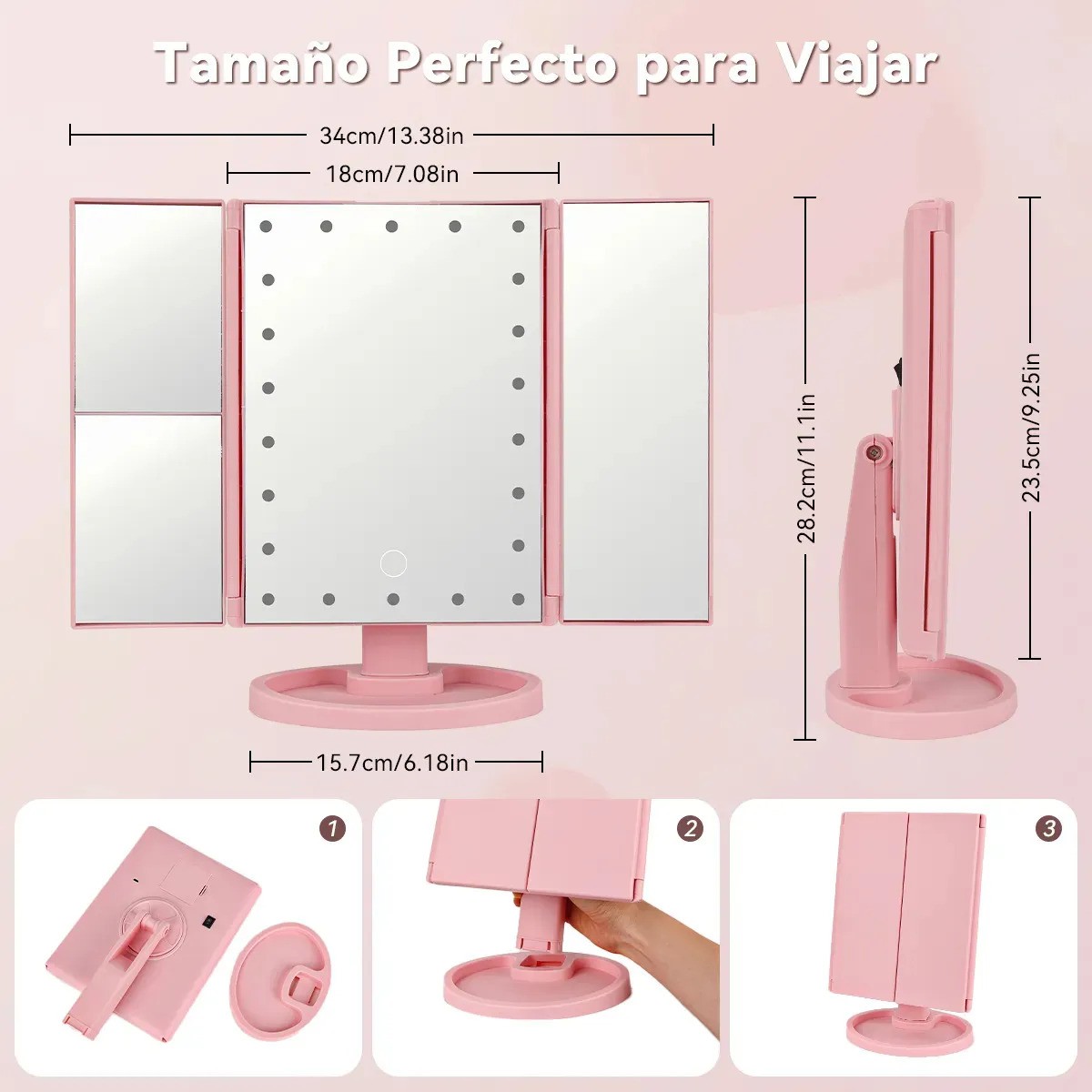"Espejo Maquillaje Plegable Con Luz Tr&iacute;ptica Aumentos 3x/2x Rosa " image number null