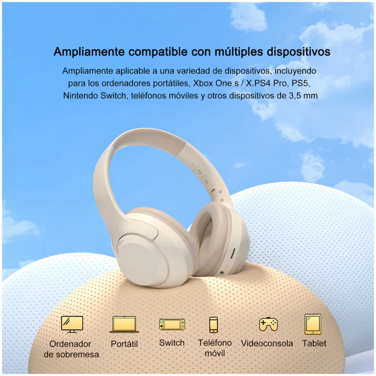 Auriculares Diadema Bluetooth 5.3 Inal&aacute;mbricos con Micr&oacute;fono Gamer Blanco image number null