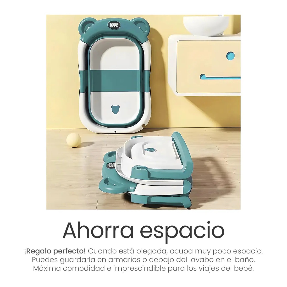 Ba&ntilde;era Bebe Plegable Port&aacute;til Con Coj&iacute;n Term&oacute;metro Azul image number null