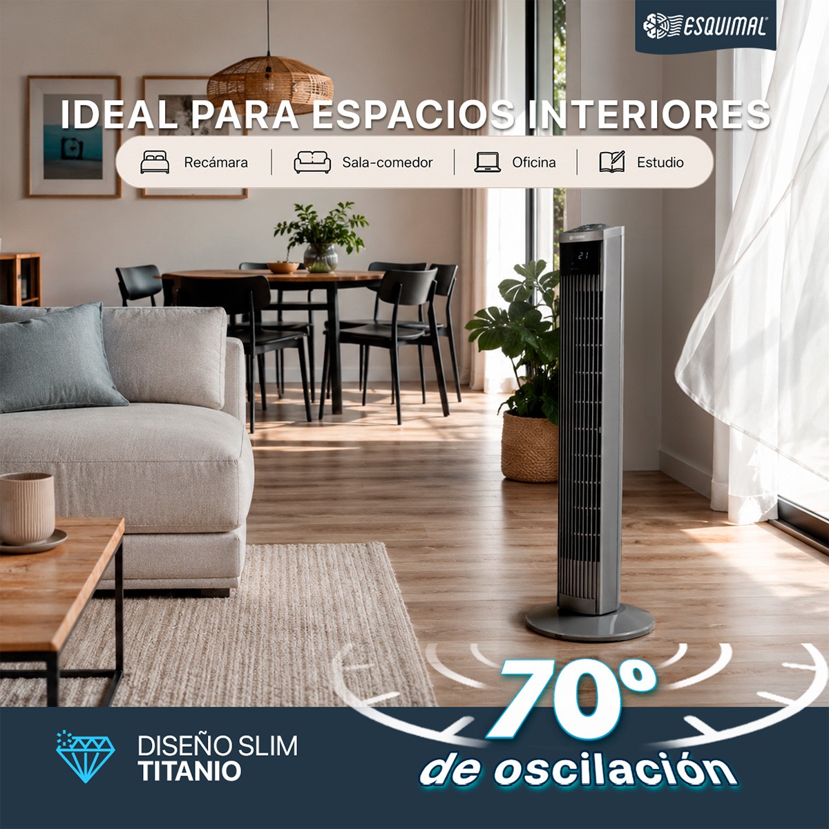 Ventilador de Torre 95 cm Silencioso Abanico Port&aacute;til Giratorio para Piso con Temporizador y Control Titanio ESQUIMAL image number null