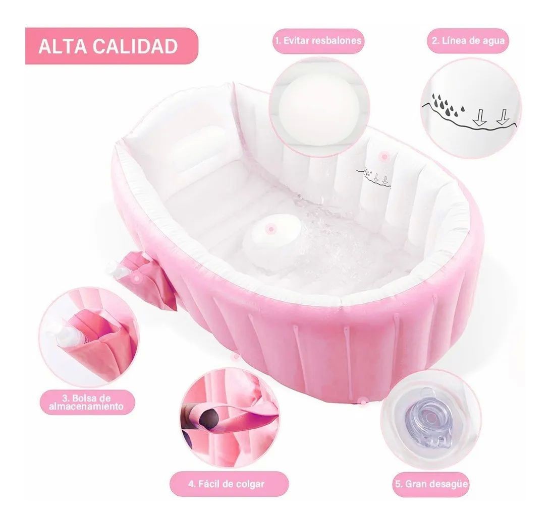 Ba&ntilde;era Bebe Plegable Con Bomba para Inflar Rosa image number null