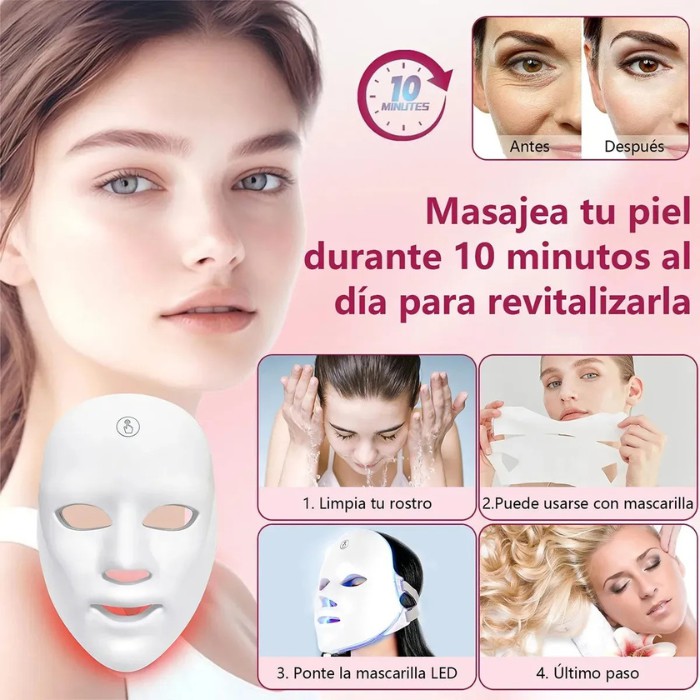 Mascarilla Facial LED de Skin Care Recargable para Cuello y Cara, M&aacute;scara de belleza de terapia de fotones LED 7 colores image number null