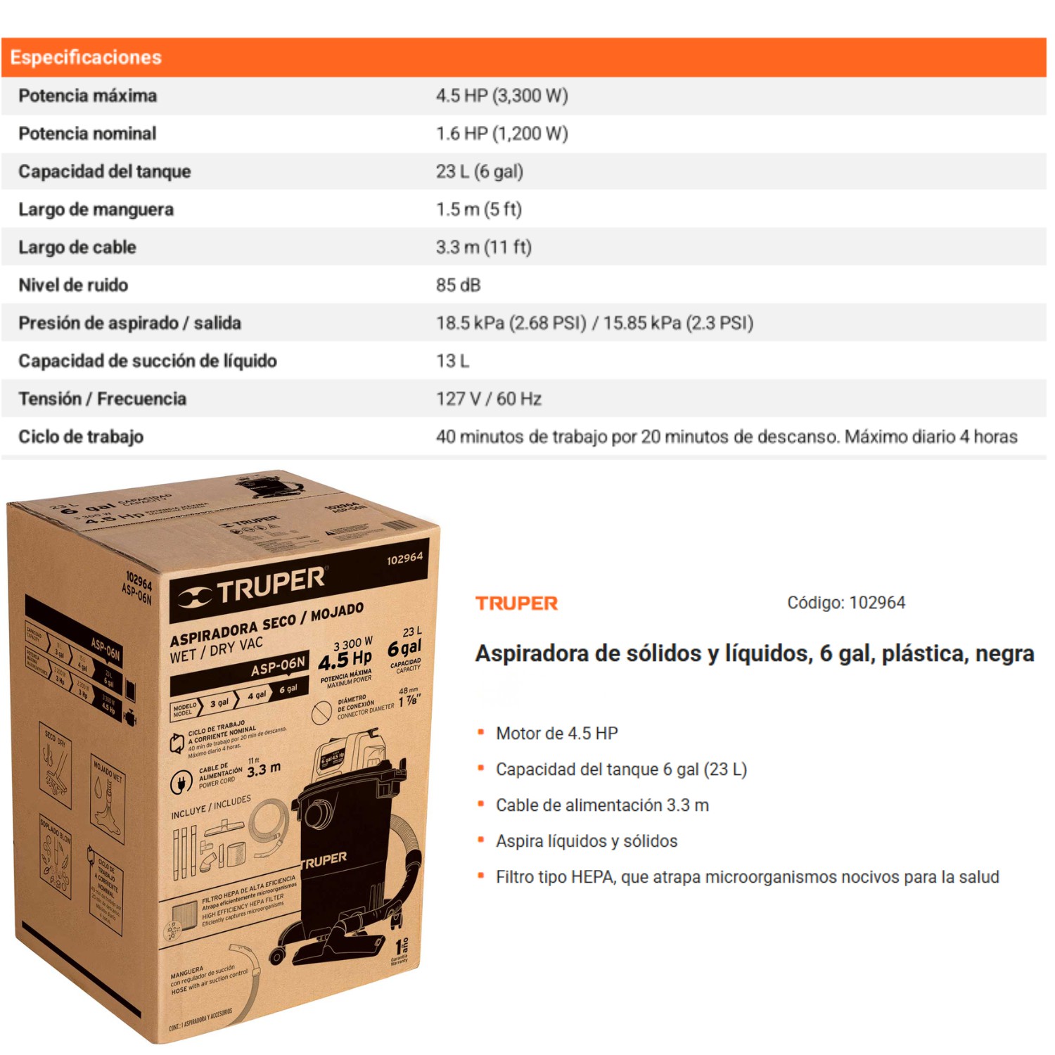 Aspiradora de s&oacute;lidos y l&iacute;quidos 6 gal pl&aacute;stica negra 4.5 HP image number null