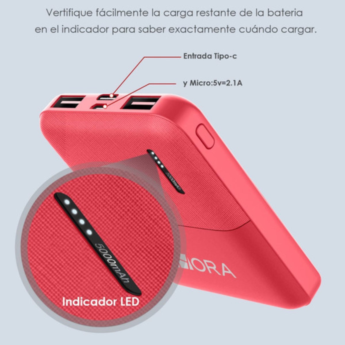 Mini Bater&iacute;a Port&aacute;til 5000mah con 2 Puertos de USB 20cm Cable Micro USB Rojo image number null