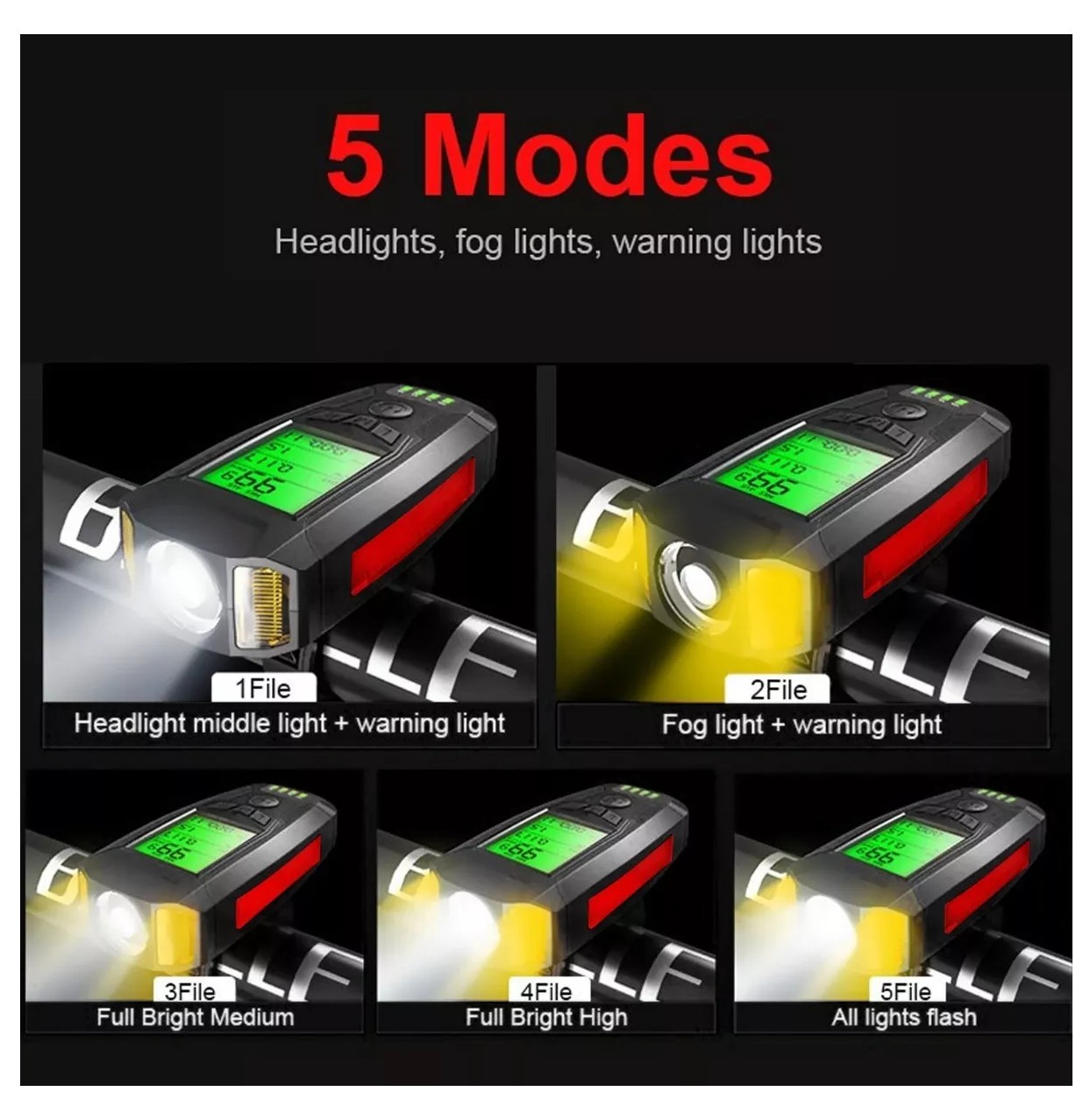 Luz para Bicicleta Recargable con USB, Bocina, Luz Trasera, Cron&oacute;gra image number null