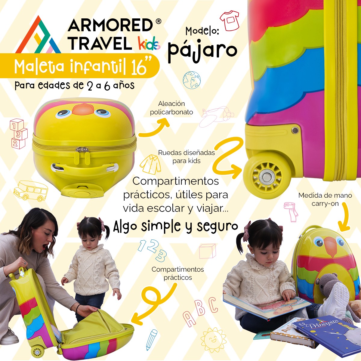 Maleta de viaje ni&ntilde;as ni&ntilde;os carry-on mochila r&iacute;gida infantil con ruedas 16 k&iacute;nder Preescolar usos m&uacute;ltiples Edades 2 a 6 a&ntilde;os Armored kids P&aacute;jaro. image number null