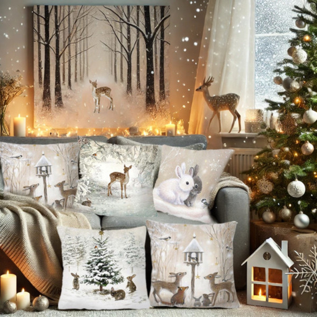 4 Pzs Funda Coj&iacute;n Navidad Decoraci&oacute;n Hogar Regalos Navidad blanco animales image number null