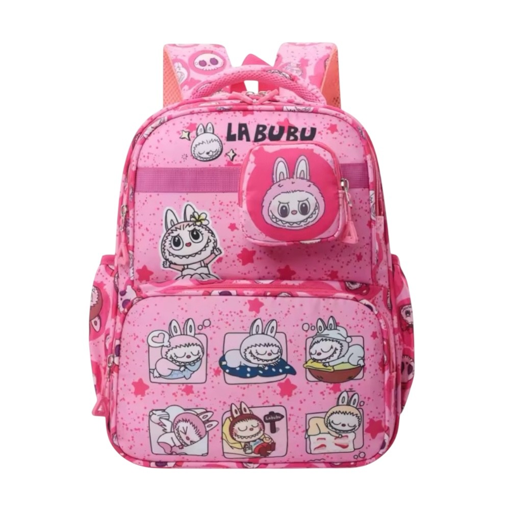 Mochila escolar color rosa de Labubu, mide 39 cm de alto por 30 de ancho. image number null