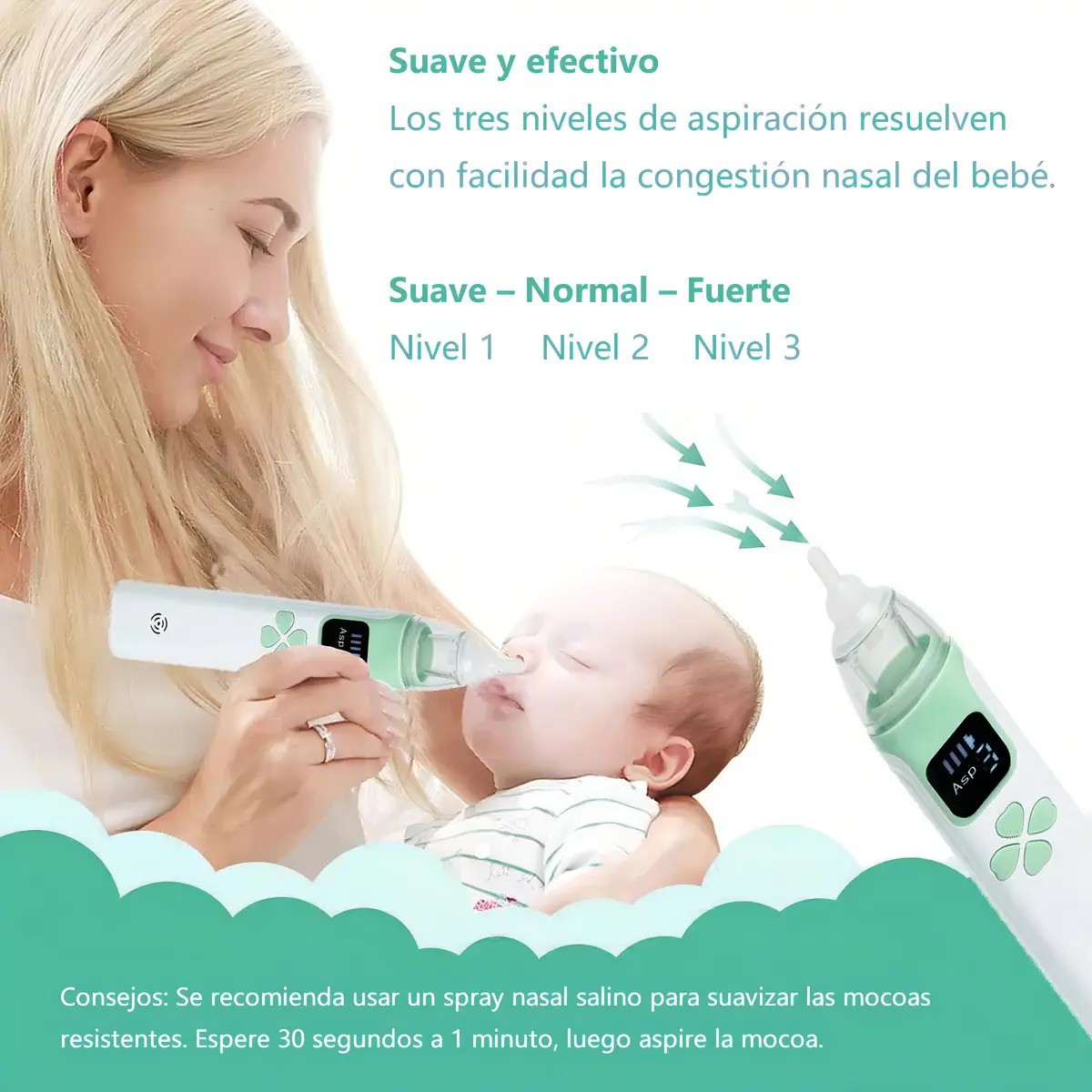 "Aspirador Nasal Beb&eacute; Saca Mocos Seguro El&eacute;ctrico Limpiador verde blanco " image number null