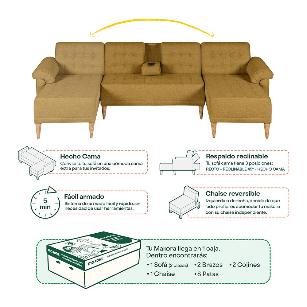 Sala Modular Reversible Makora Brunello con Memory Foam, Color Mostaza Lino, Respaldo Reclinable de 3 Posiciones image number null