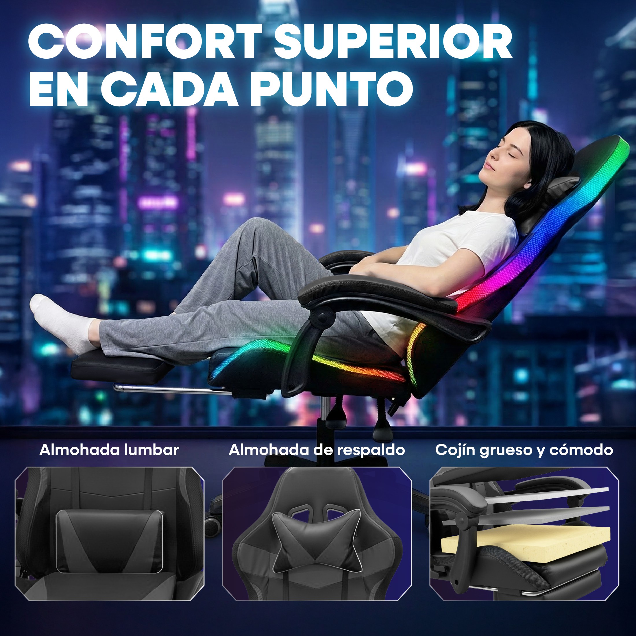 Silla Gamer Titano Negra con Reposapi&eacute;s Luz LED Reclinable 90&deg; a 150&deg; y Soporte Lumbar image number null