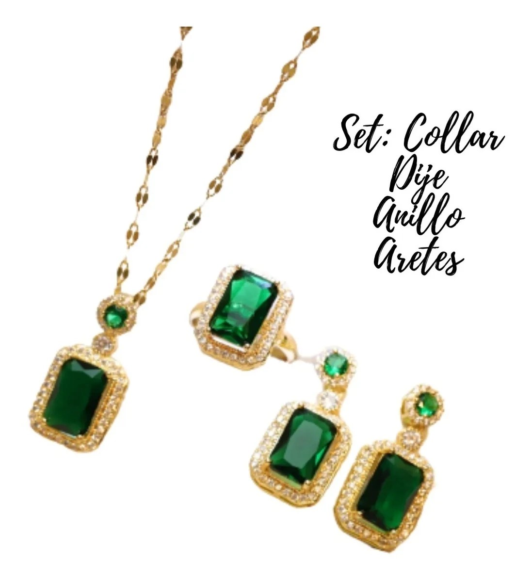 Set de Collar, Dije, Anillo y Aretes con Piedras Verdes image number null
