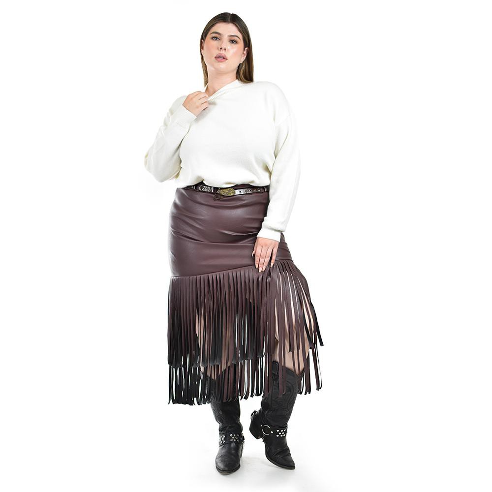 Falda de vinipiel con flecos Roman Fashion /Tallas Extras, 7063 (Cafe) image number null