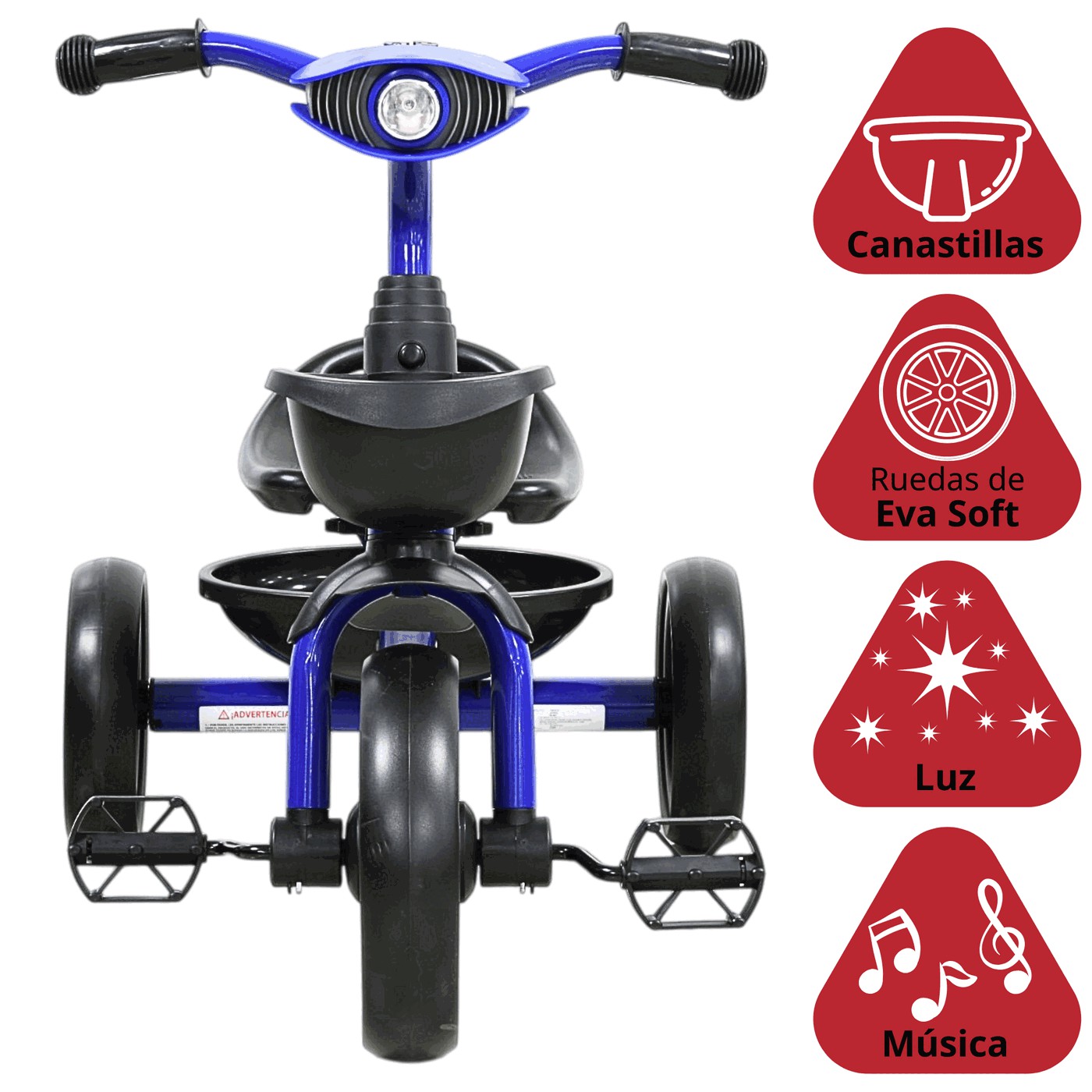 Triciclo para Ni&ntilde;os con Luz y Sonido Ruedas EVA Soft Canastas Delantera y Trasera Soporta 25 kg 2+ A&ntilde;os - Azul image number null