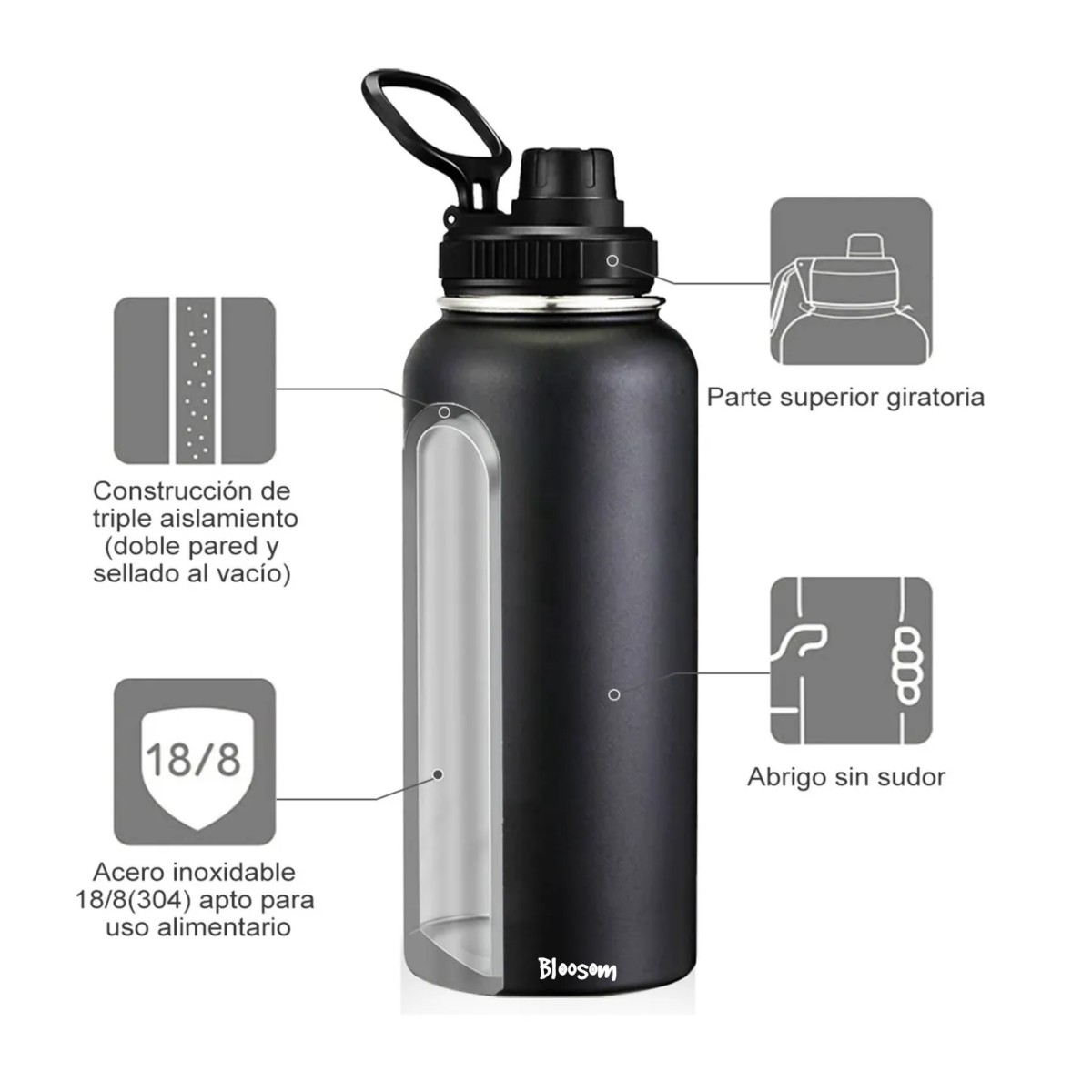 Termo Vaso-botella Acero Inoxidable con Fr&iacute;a/caliente 1Ltro. Negro image number null