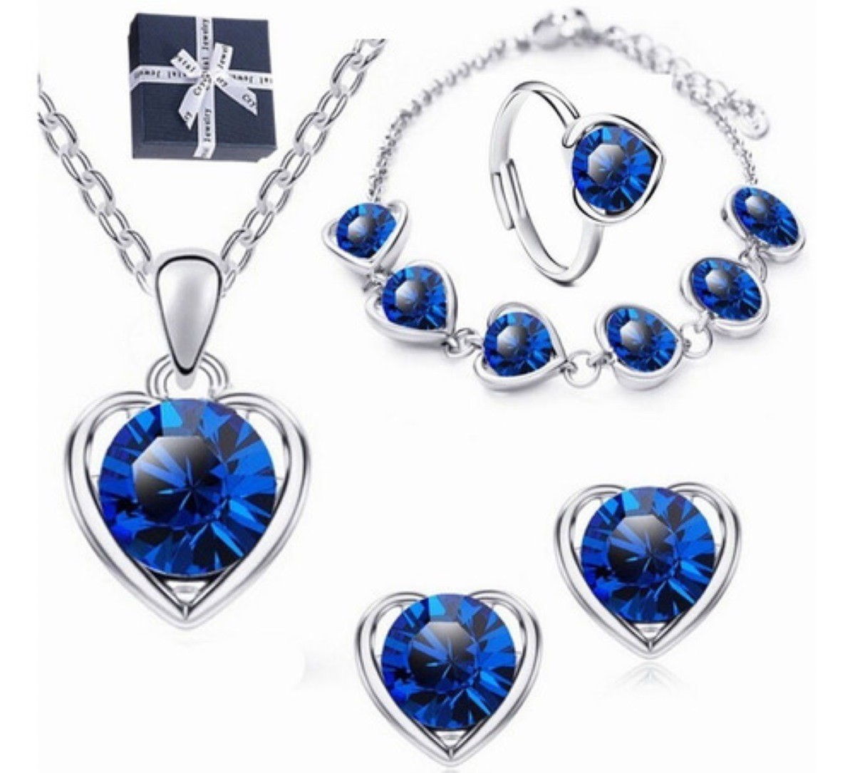 4pcs Collar, Pendientes, Anillo Y Pulsera Coraz&oacute;n De Cristal Azul /Plata image number null
