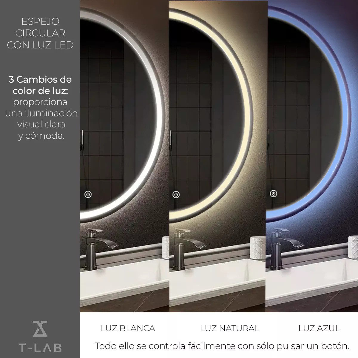 Espejo Luz Led De Pared Tocador Ba&ntilde;o Touch Cambio 3 Luces image number null