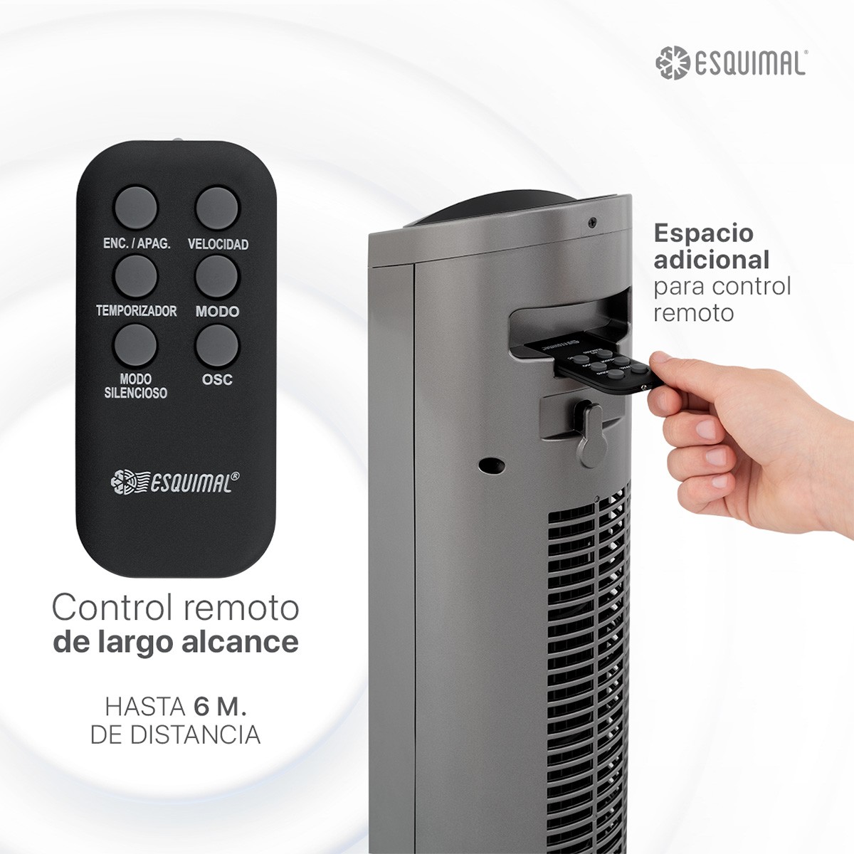 Ventilador de Torre 95 cm Silencioso Abanico Port&aacute;til Giratorio para Piso con Temporizador y Control Titanio ESQUIMAL image number null