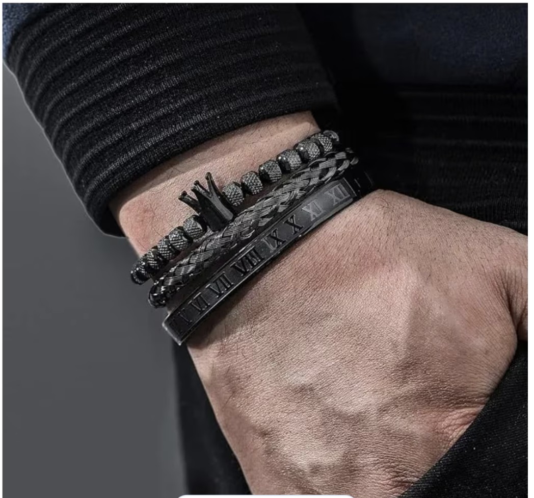 Set 3 Pulseras De Corona Acero Lujo Romano Brazalete Inox Modelo Negro image number null
