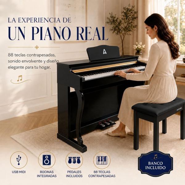 Piano Teclado Electrico 88 Teclas Digital 15v 3a 900 Ritmos Audiotek image number null