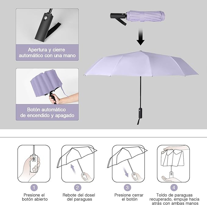 TERPORT Paraguas Plegable de la luvia y Sombrilla de protecci&oacute;n UV, Paraguas Plegable de bot&oacute;n de apertura y cierre autom&aacute;tico, Paraguas con 12 varillas, Ligero y compacto para usar de una sola mano, para hombres y mujeres. image number null